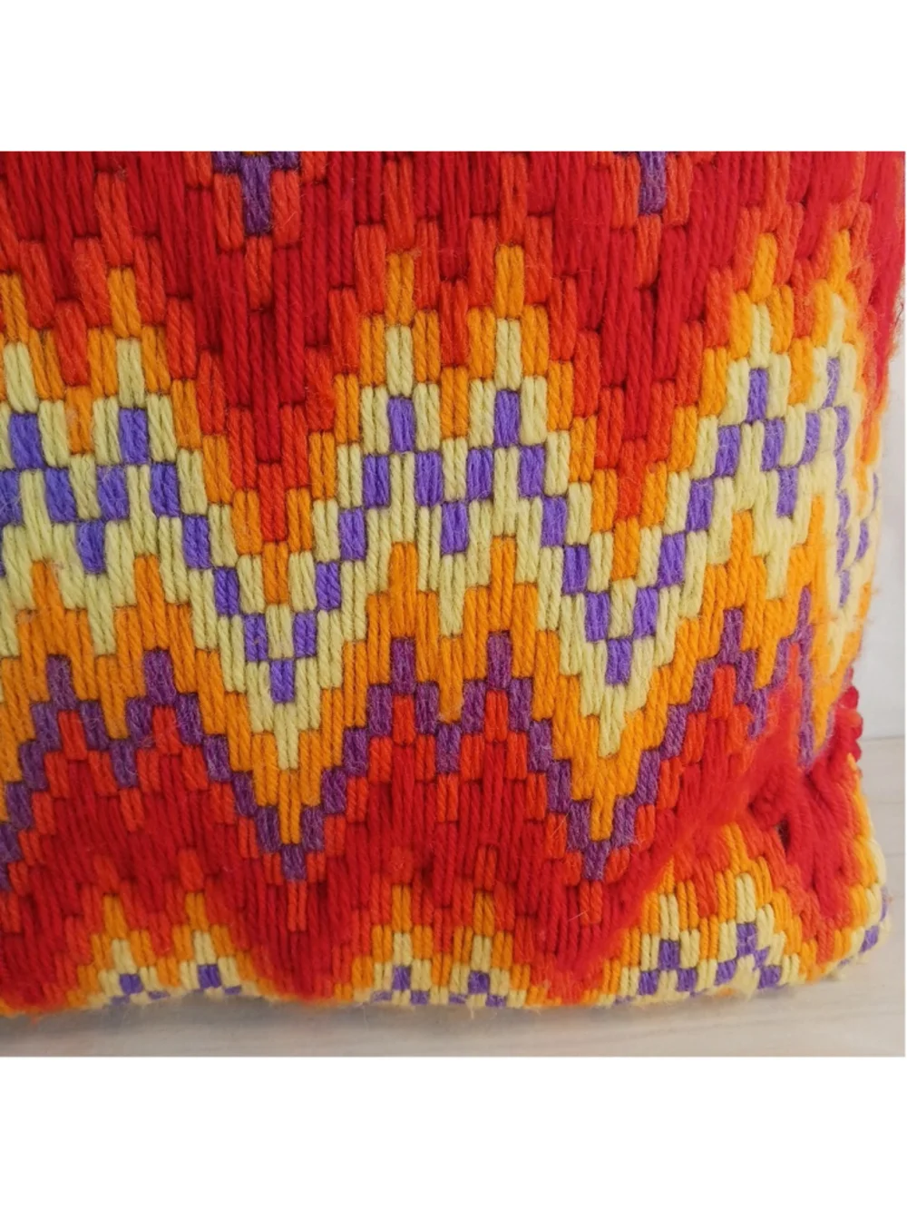 Vintage Bargello Embroidered Pillow Red Yellow Orange
